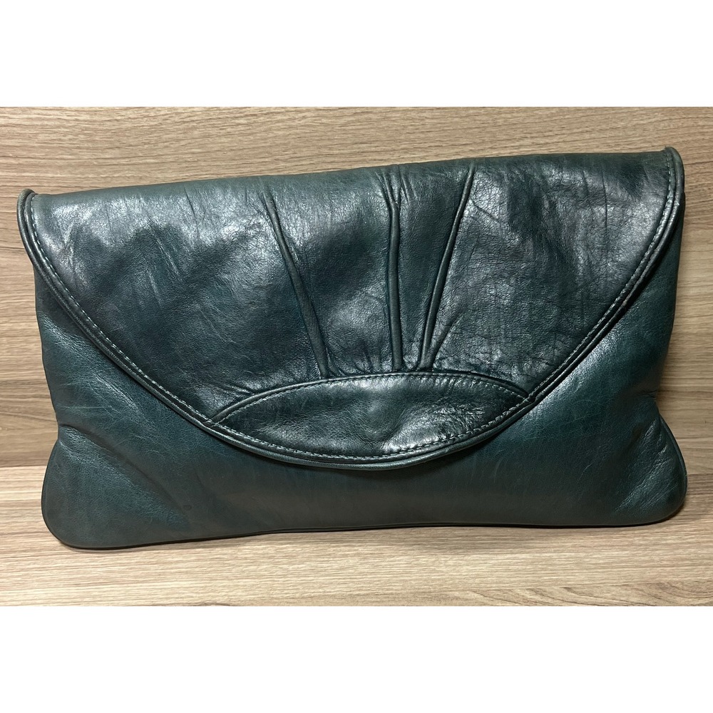 Lauren Merkin Eve Teal Green Leather Clutch Bag NYC Pleated Sunburst Wrap Retro‎